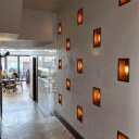 ThirtyEight, Summertown Oxford / Corridor between bar and restaurant showing wall with recessed lighting