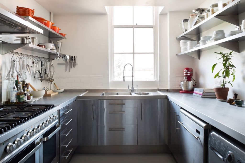 Old School House, East London / New relocated kitchen with stainless steel worktops