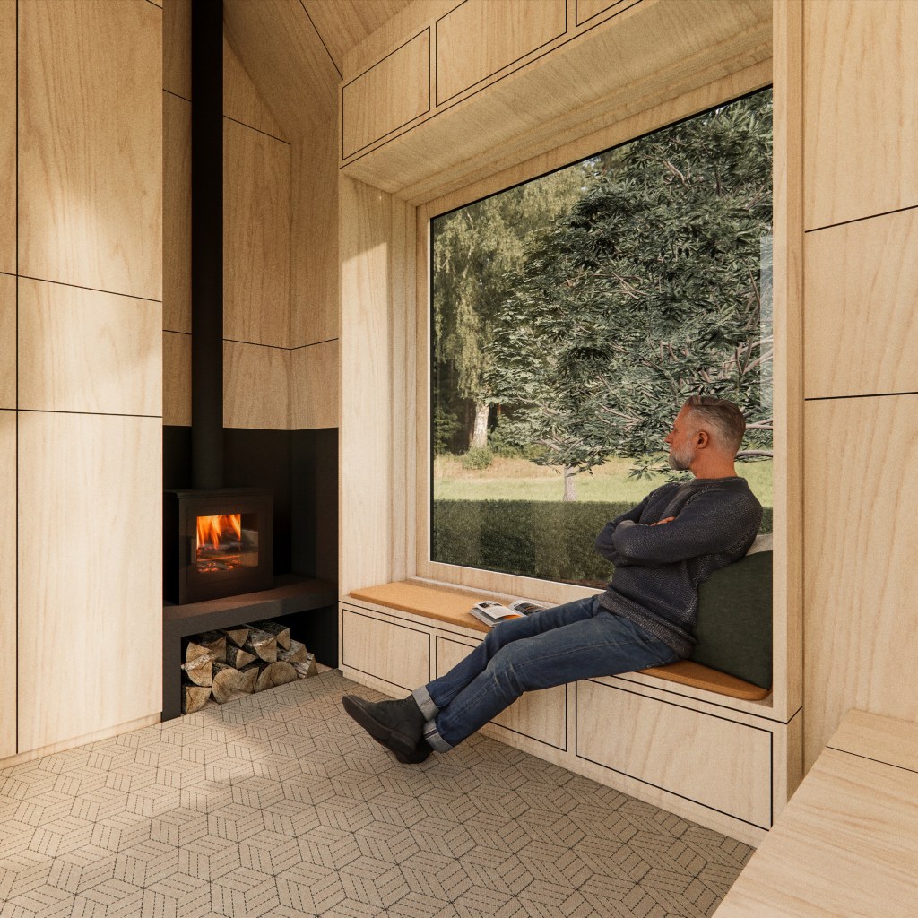 Off-grid Tiny Cabin / Corten Cabin - Interior View Toward Picture Window