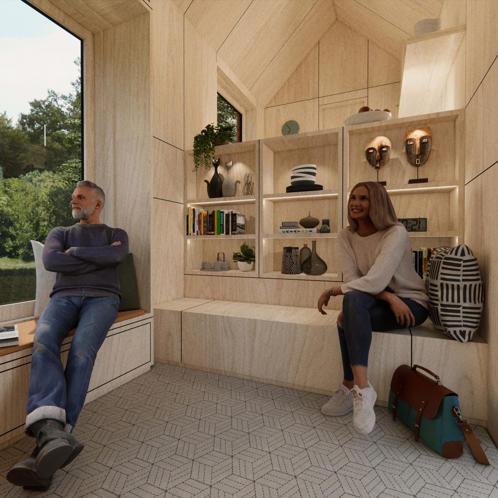 Off-grid Tiny Cabin / Corten Cabin - Interior View Toward Kitchenette