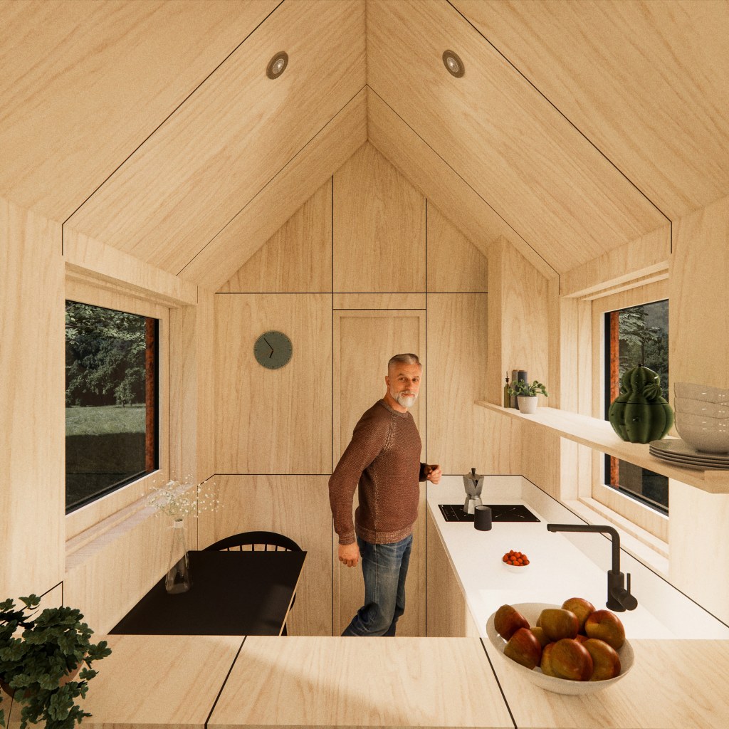Off-grid Tiny Cabin / Corten Cabin - Interior View into Kitchenette